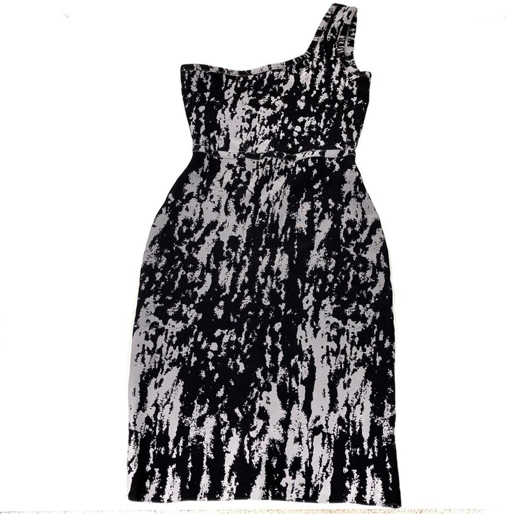BCBGMaxAzria Black & Gray Abstract One Shoulder Bandage Dress Womens XS(?)